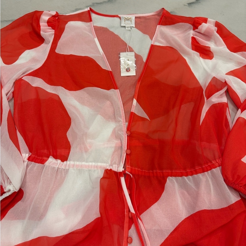 Milly Cabana Cover Up Dress Size M/L Red White Long Sleeve Sheer NWT - Picture 3 of 14